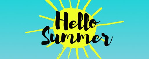 Bright yellow sun on blue background with the words "Hello Summer" over the top.